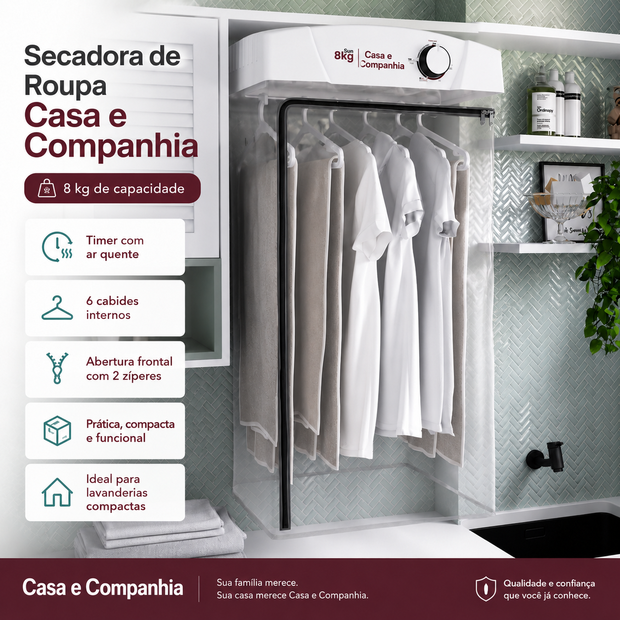 Secadora Compacta 8kg com Ar Quente e 6 Cabides